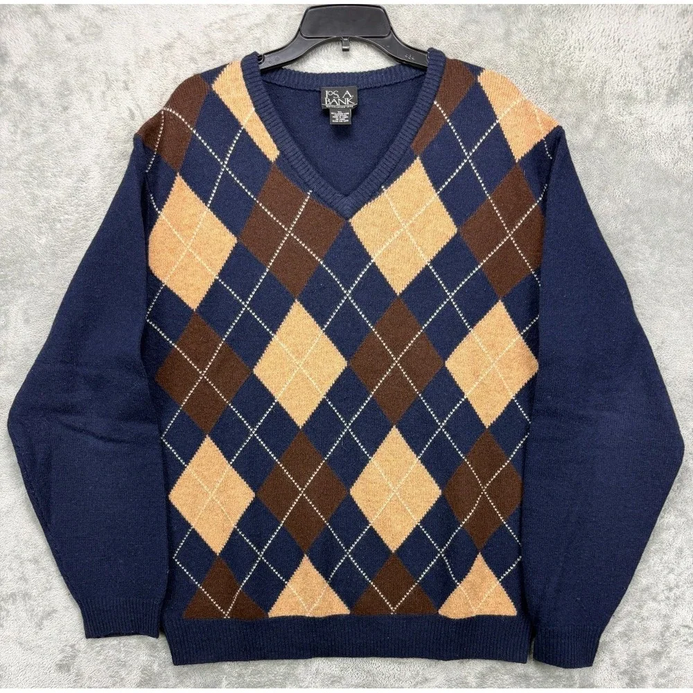 Jos. A. Bank Men's‎ Pullover Sweater XL Navy Argyle V Neck Lambswool Blend